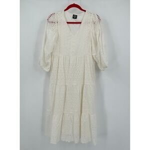 Womens Cottagecore Prairie Midi Dress Size M Eyelet Lace Romantic Tiered